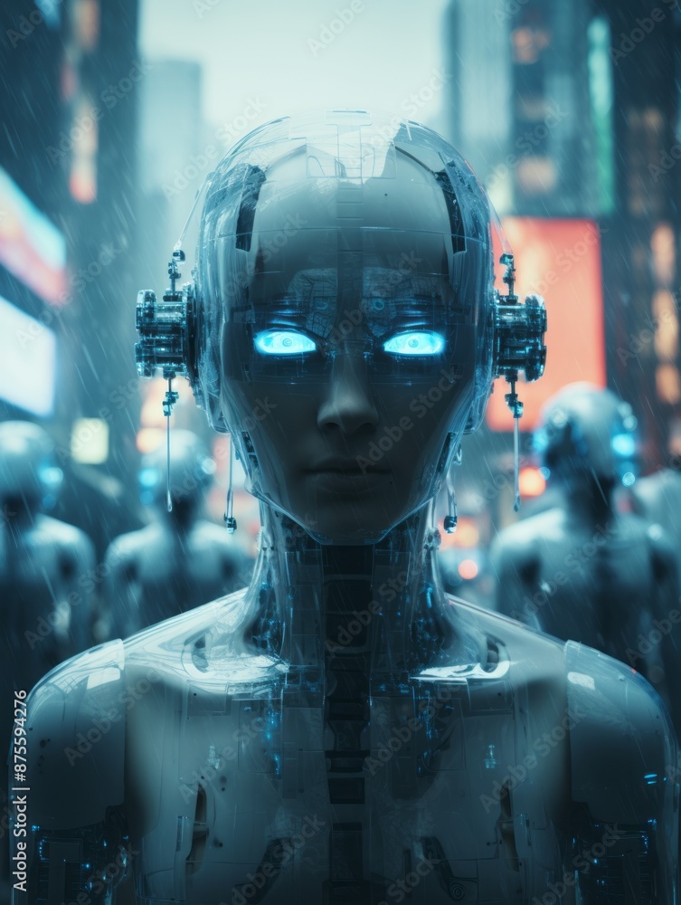 a robot standing in front of a group of people a robot standing in front of a group of people