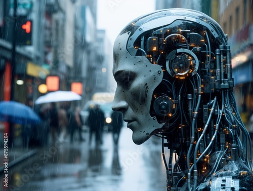 a robot head in the middle of a city street