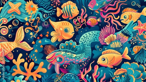 Underwater adventure with playful fish and whimsical style cartoon doodle background © Arbystudio