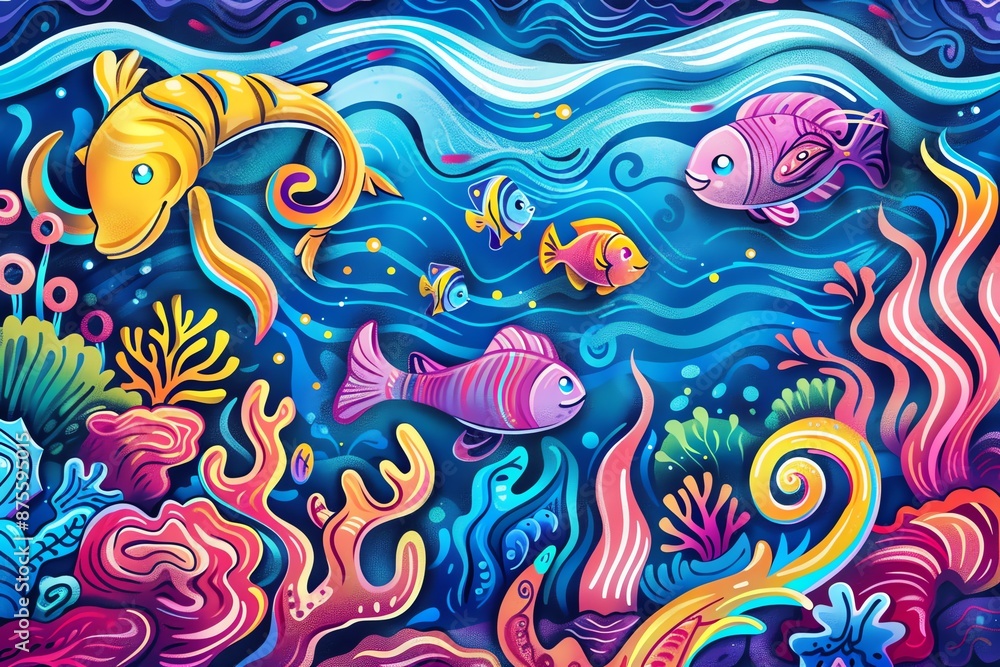 Cute sea creatures and playful fish in cartoon doodle underwater background Cute sea creatures and playful fish in cartoon doodle underwater background