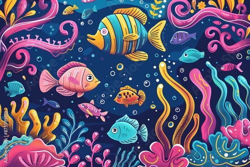 Vibrant colors and intricate details in underwater cartoon doodle background © Arbystudio