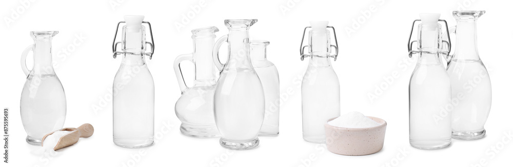 Vinegar in different glassware isolated on white, set Vinegar in different glassware isolated on white, set