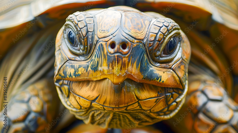 Detailed close up portrait of a Hermetical tortoise showcasing its intricate shell patterns leathery skin texture and attentive facial expression Detailed close up portrait of a Hermetical tortoise showcasing its intricate shell patterns leathery skin texture and attentive facial expression