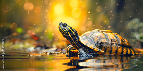 Closeup view of a Hermann s tortoise swimming and floating in a serene pond with the reptile s shell and limbs reflected in the calm water  The tortoise inhabits the natural aquatic environment photo