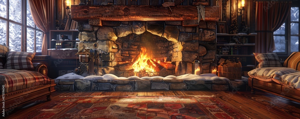 A cozy cabin fireplace in winter. Realistic. A cozy cabin fireplace in winter. Realistic.