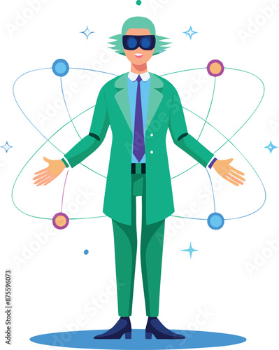 Futuristic Scientist With VR Glasses And Atomic Model