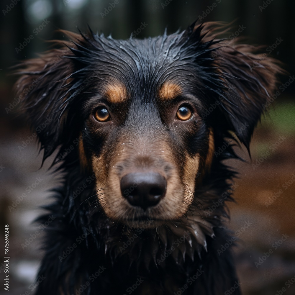a wet dog looking at the camera in front of a forest