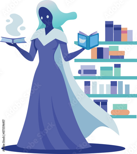 Mystical Woman in Library Holding Books with Smoke