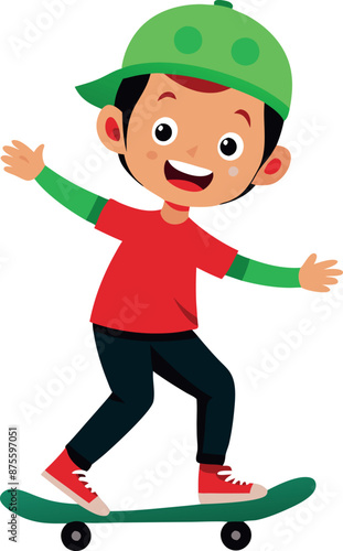 Happy Cartoon Boy Riding Skateboard With Green Cap