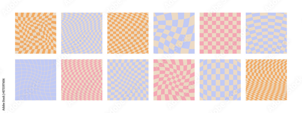 Set of funky groovy backgrounds vector design. Cool abstract colorful patterns. Y2K aesthetic, flat design, 1970 trippy grid, wavy swirl poster collection in bright colors. Set of funky groovy backgrounds vector design. Cool abstract colorful patterns. Y2K aesthetic, flat design, 1970 trippy grid, wavy swirl poster collection in bright colors.