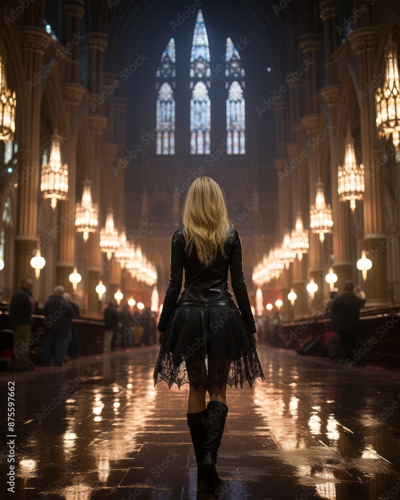 a woman in a black dress walking through a church a woman in a black dress walking through a church