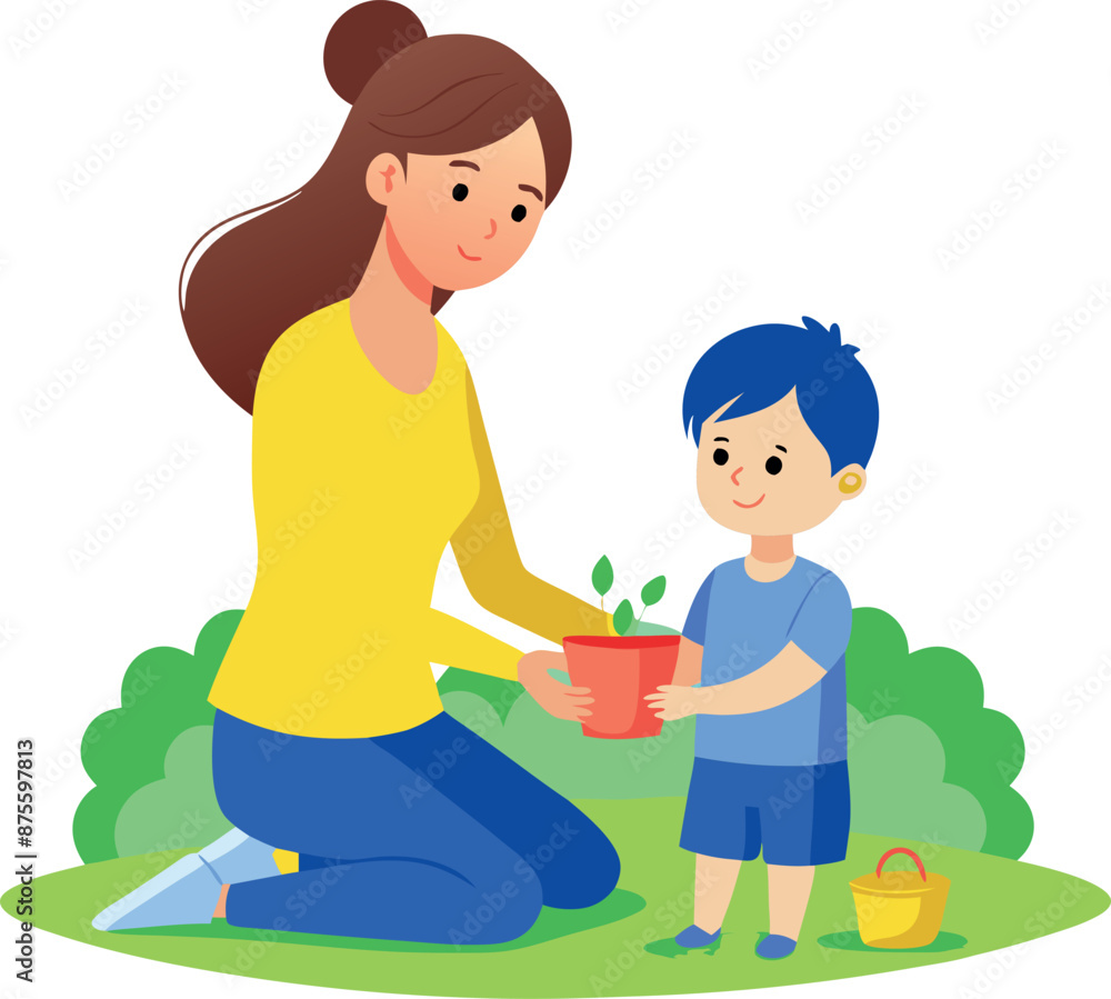 Mother and Child Planting Together in a Garden Mother and Child Planting Together in a Garden