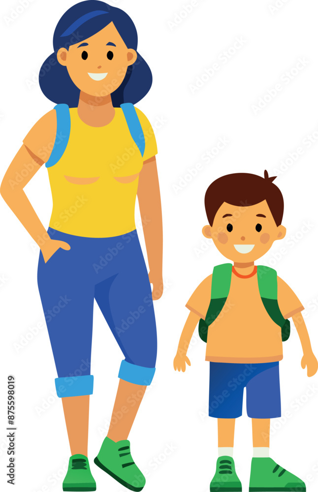 Mother And Son Smiling With Backpacks Ready For Adventure Mother And Son Smiling With Backpacks Ready For Adventure