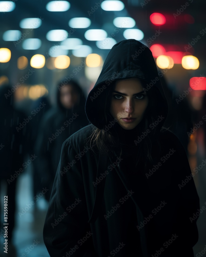 a woman in a black hoodie standing in the middle of a crowd a woman in a black hoodie standing in the middle of a crowd