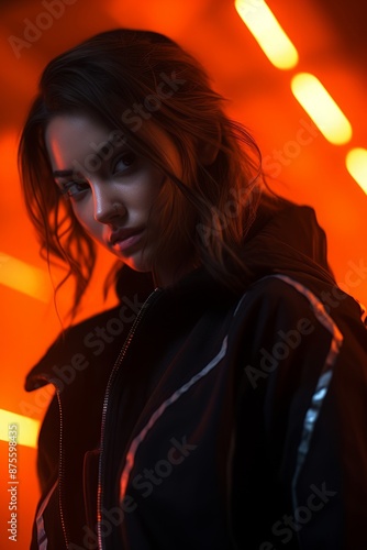 a woman in a black jacket standing in front of neon lights