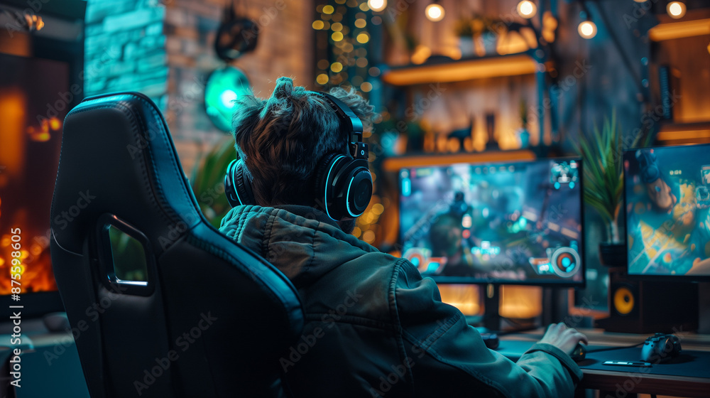 Obraz premium gamer boy play videogames gaming on two screen