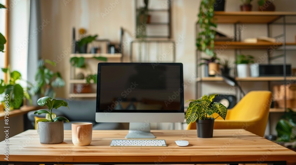 Fototapeta premium A cozy and minimalist home office setup featuring a wooden desk with a computer in the living room. Perfect for remote work or studying.