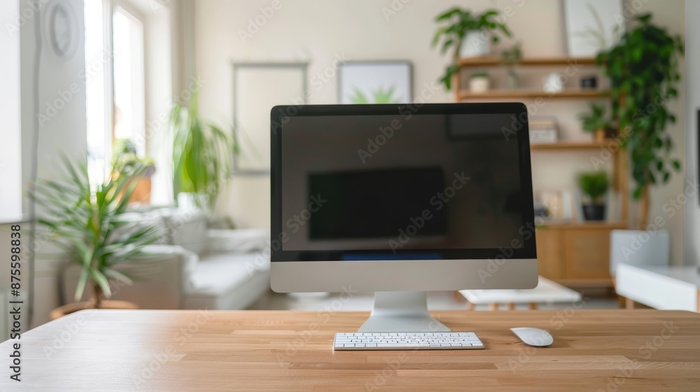 Wooden desk with computer in living room. Wooden desk with computer in living room.