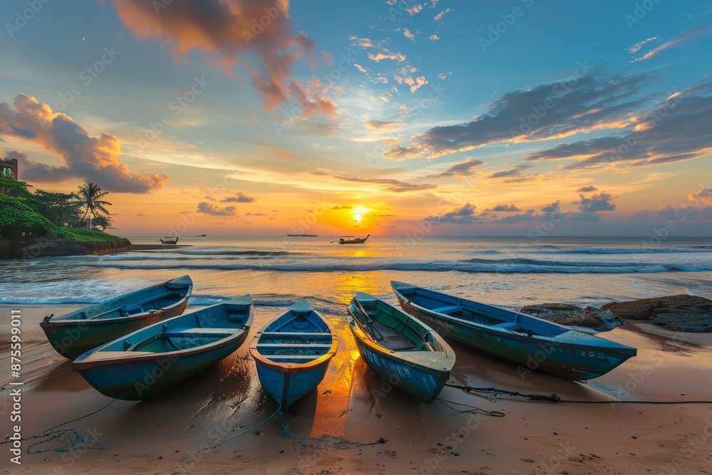 Scenic view of charming traditional fishing boats at sunrise on the peaceful beach Scenic view of charming traditional fishing boats at sunrise on the peaceful beach