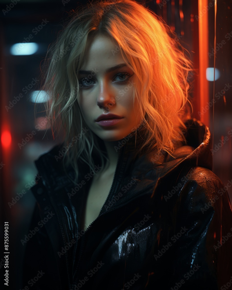 a woman in a black leather jacket standing in front of a red light