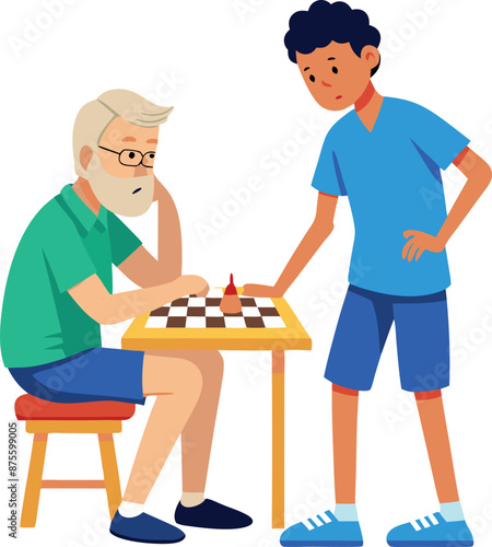 Grandfather and Grandson Playing Chess Together