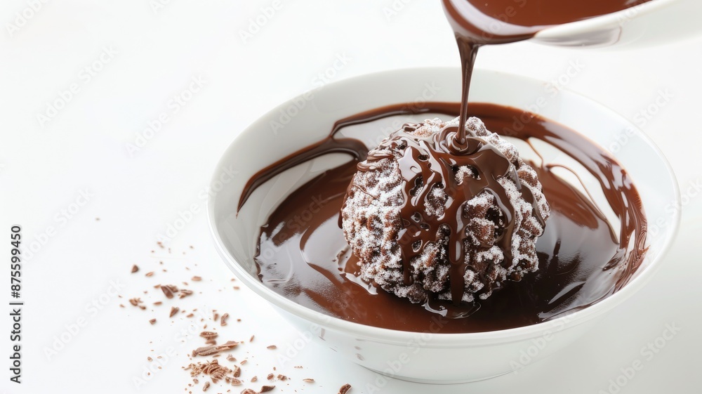 Dessert with chocolate drizzle over powdered sugar-coated pastry ball Dessert with chocolate drizzle over powdered sugar-coated pastry ball