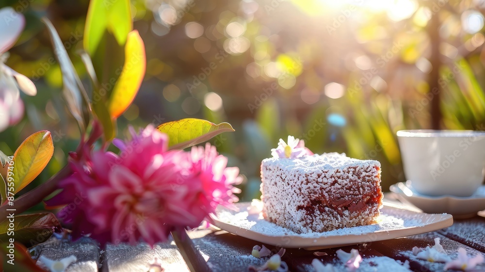 Chocolate cake with powdered sugar and flowers, outdoors in sunlight Chocolate cake with powdered sugar and flowers, outdoors in sunlight