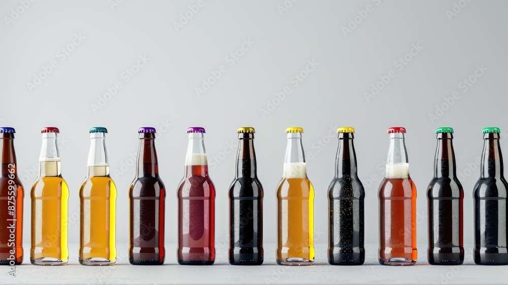 Various beer bottles in row on white surface Various beer bottles in row on white surface