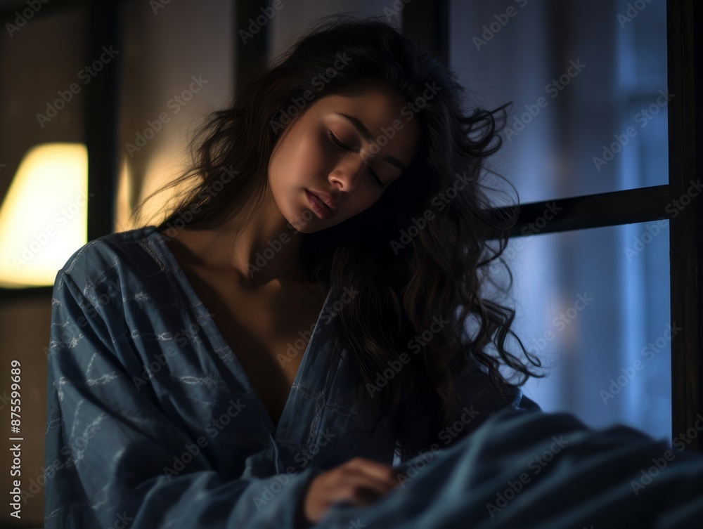 Fototapeta premium a woman in a blue robe sitting on a bed at night