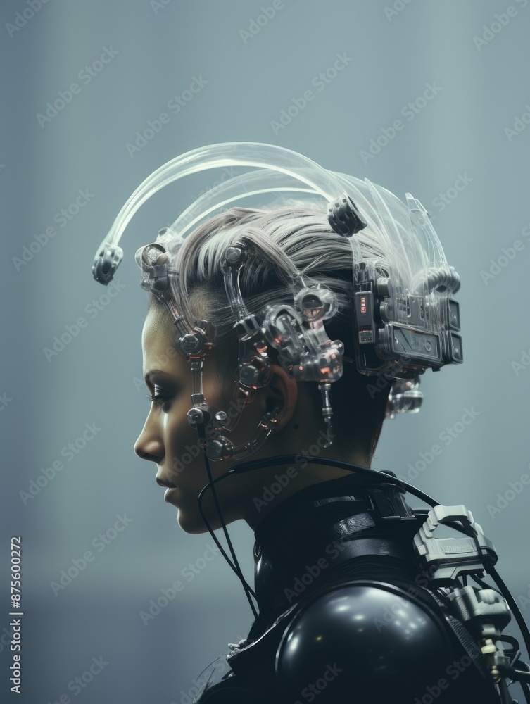 a woman in a futuristic suit with wires attached to her head a woman in a futuristic suit with wires attached to her head