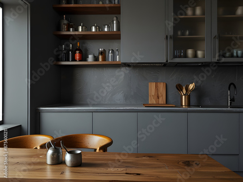 Chic Gray Kitchen with Bar - Close Up