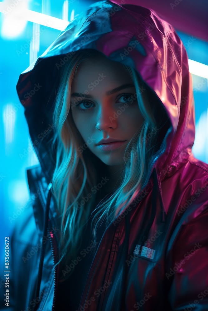 a woman in a hooded jacket standing in front of a neon sign a woman in a hooded jacket standing in front of a neon sign