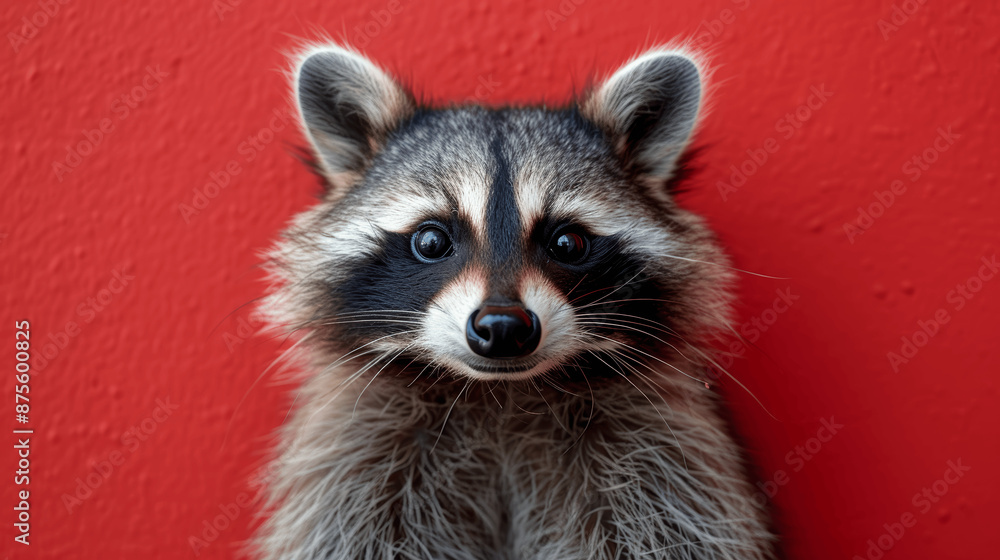 Adorable Raccoon Peeking from Red Background with Copy Space Adorable Raccoon Peeking from Red Background with Copy Space