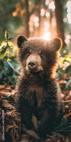 Filhote de urso marrom fofo brincando em clareira da floresta photo