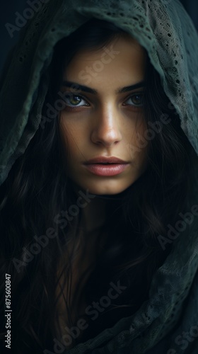 a woman in a hooded robe with dark hair