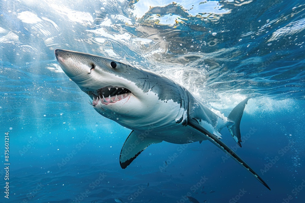 Fototapeta premium A shark is swimming in the ocean with its mouth open. The water is blue and the sun is shining on the surface