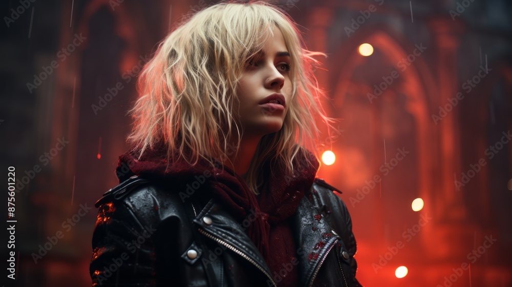 Fototapeta premium a woman in a leather jacket standing in the rain
