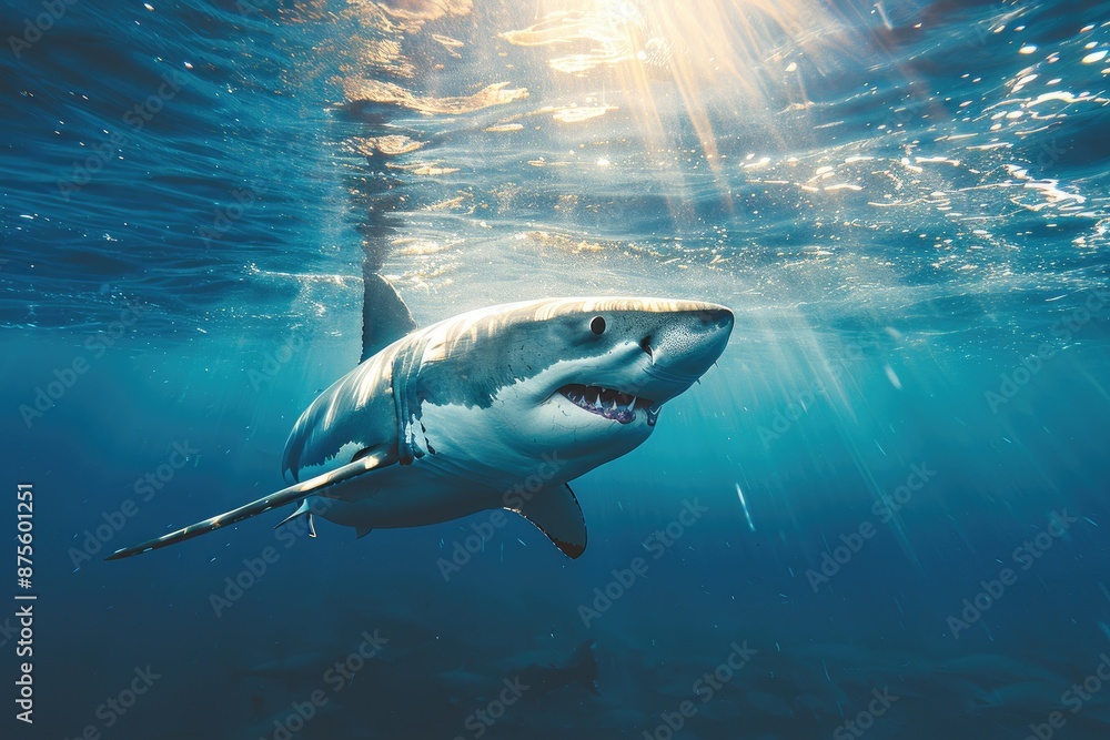 Obraz premium A shark is swimming in the ocean. The water is clear and blue. The shark is looking at the camera