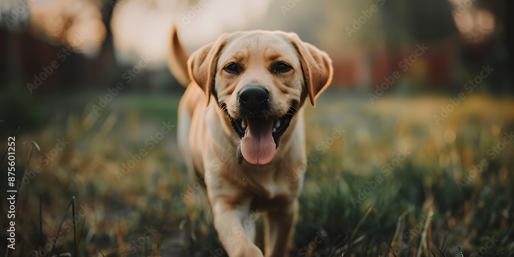 Labrador Retriever Correndo Feliz em um Campo Gramado Labrador Retriever Correndo Feliz em um Campo Gramado