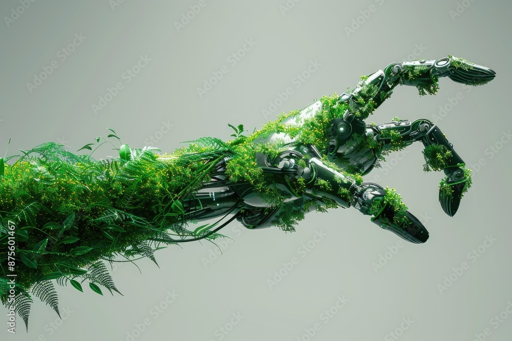 Naklejka premium A hand with green leaves and a robot arm. The hand is pointing to the right