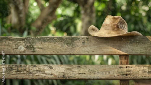 Worn cowboy hat resting on weathered wooden fence in sunny, tree-filled background