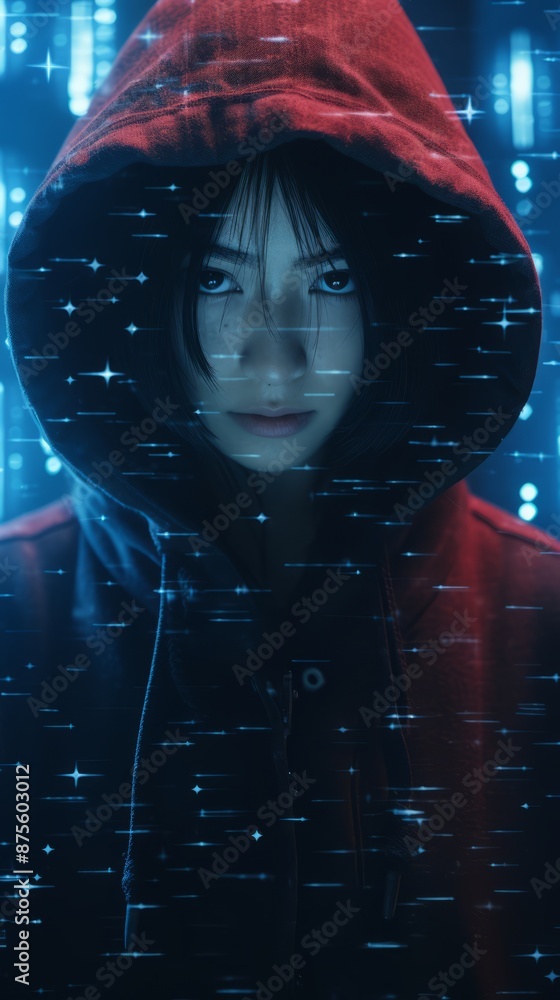 Obraz premium a woman in a red hoodie standing in front of a computer screen