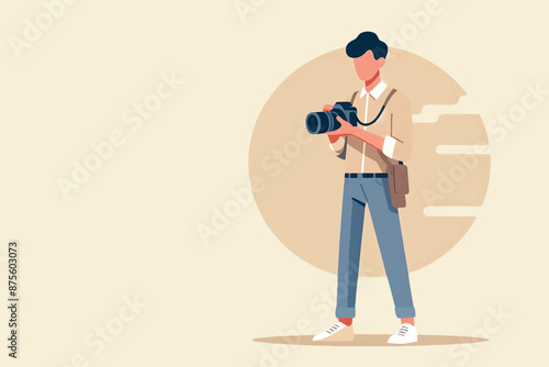 illustration of a photographer holding a camera outdoors with the moon and clouds