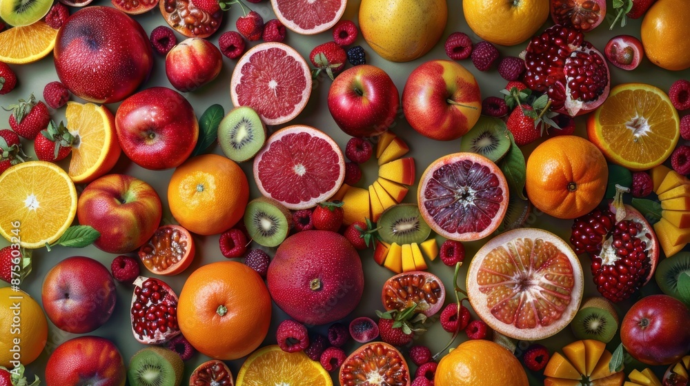 A mix of different fresh fruits creating a colorful and vibrant background A mix of different fresh fruits creating a colorful and vibrant background