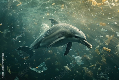 A dolphin is swimming in a sea of plastic waste. Concept of sadness and despair at the damage humans have caused to the environment