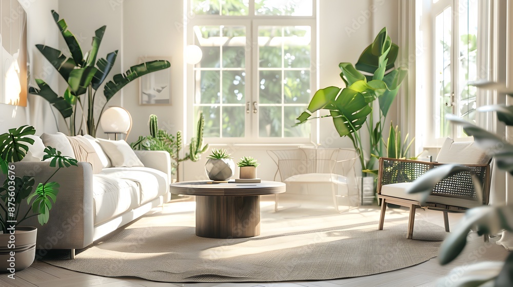 Bright and Airy Scandinavian-Inspired Modern Living Room with Lush Indoor Plants and Panoramic Windows Bright and Airy Scandinavian-Inspired Modern Living Room with Lush Indoor Plants and Panoramic Windows
