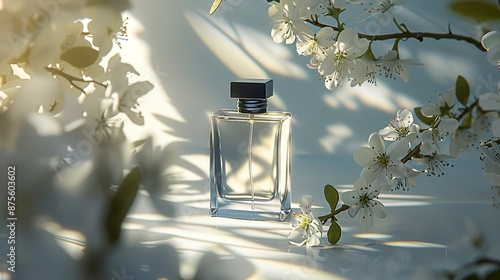 Elegant Perfume Bottle with White Blossoms. © Pakpong