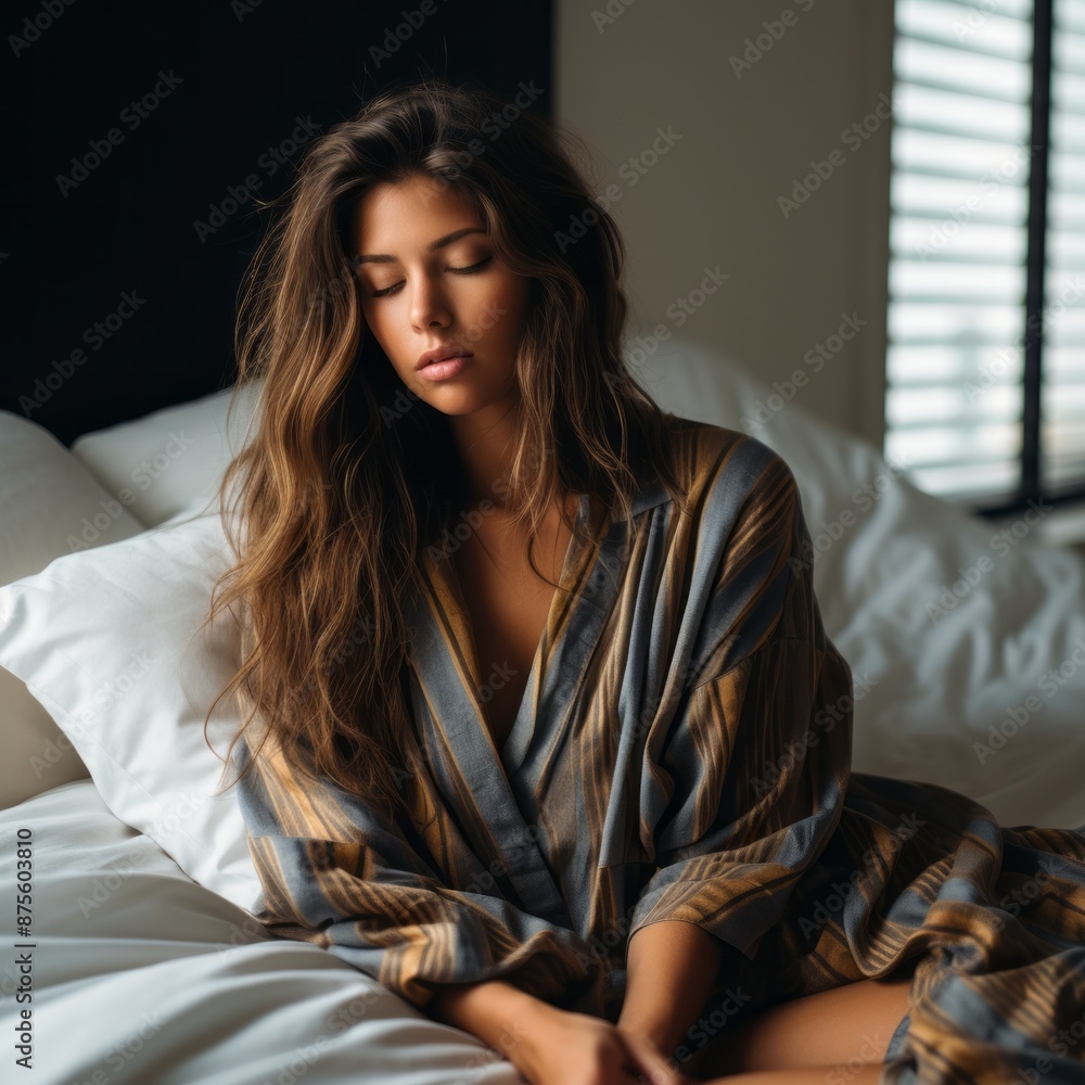 a woman in a robe is sitting on a bed