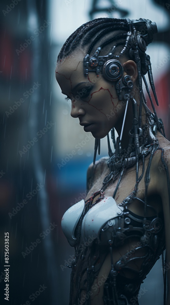 a woman in a robot costume standing in the rain a woman in a robot costume standing in the rain