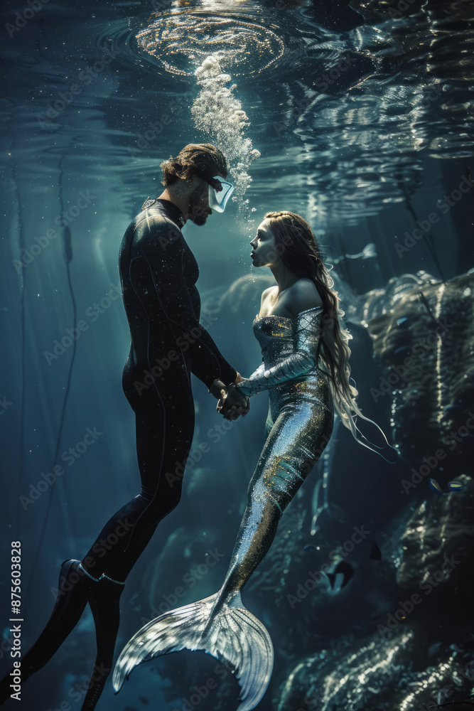 Mermaid and human diver as a couple, underwater shot Mermaid and human diver as a couple, underwater shot